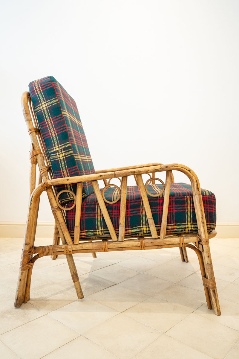 Paire de fauteuils en bambou et tartan