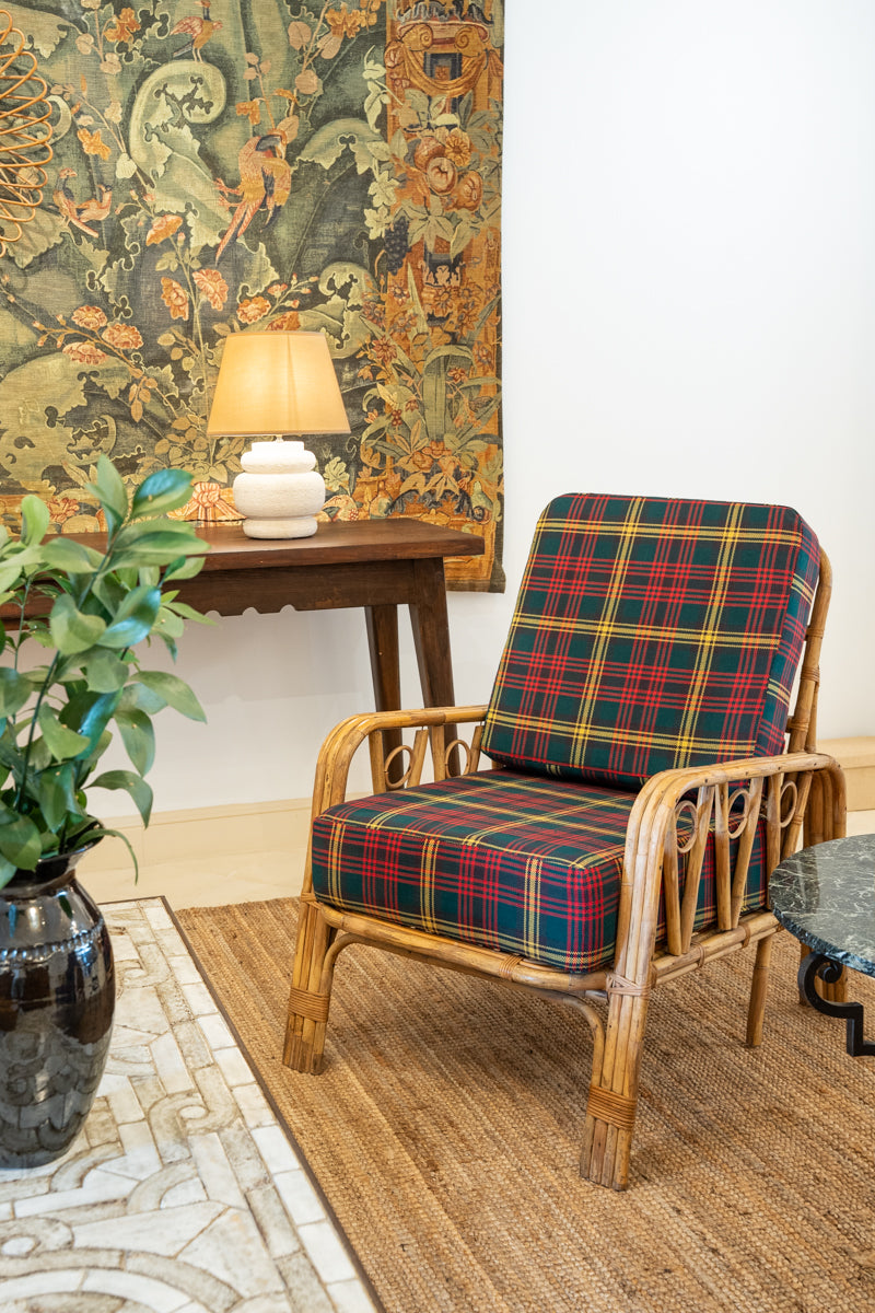 Paire de fauteuils en bambou et tartan