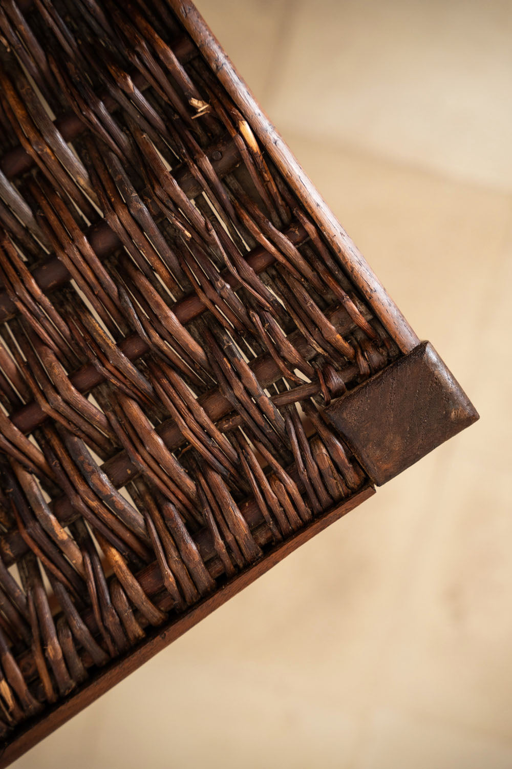 Oak bench with woven wood seat
