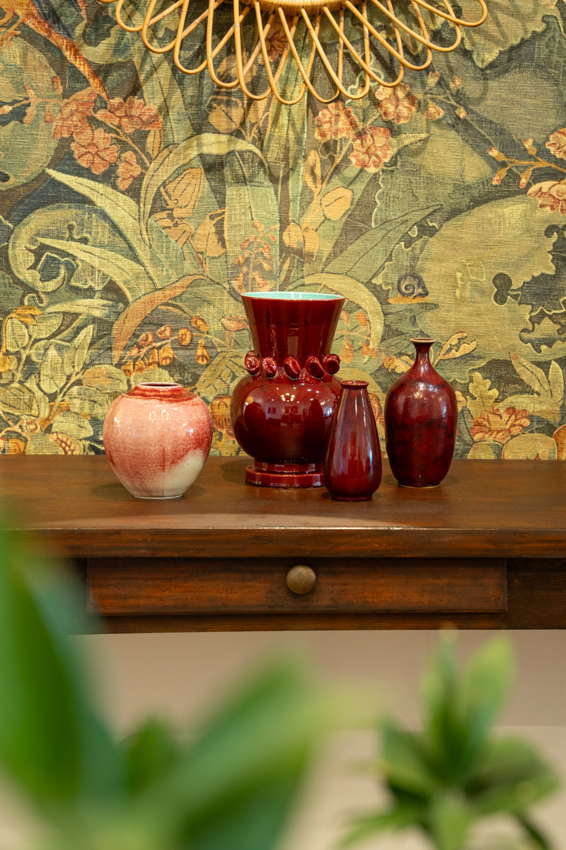 Vase en céramique émaillée rouge et turquoise