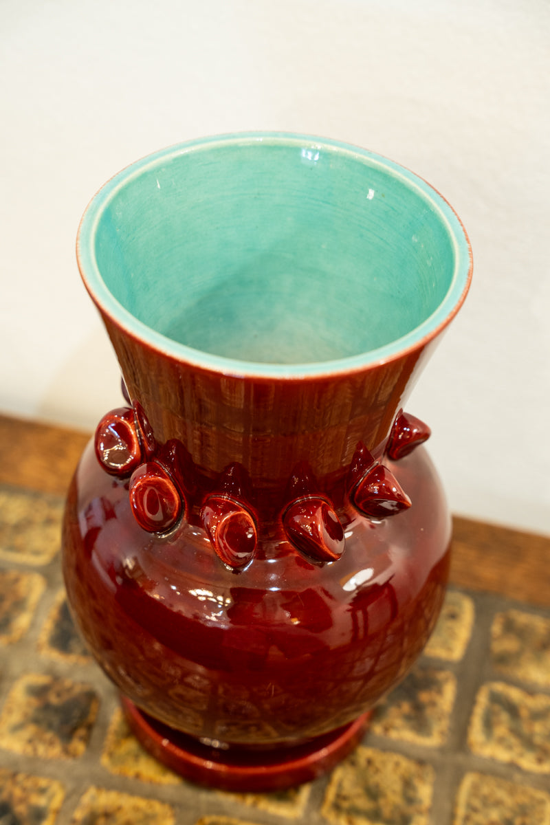 Vase en céramique émaillée rouge et turquoise
