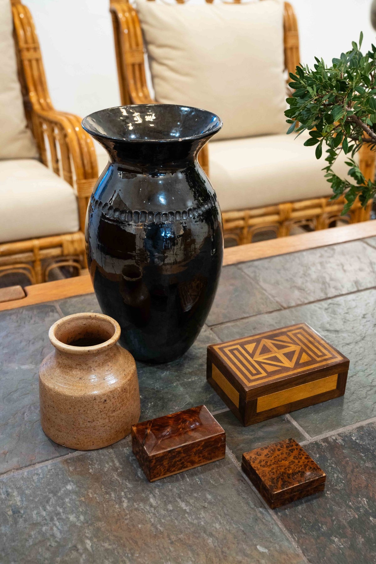 Pair of amboina veneered small boxes