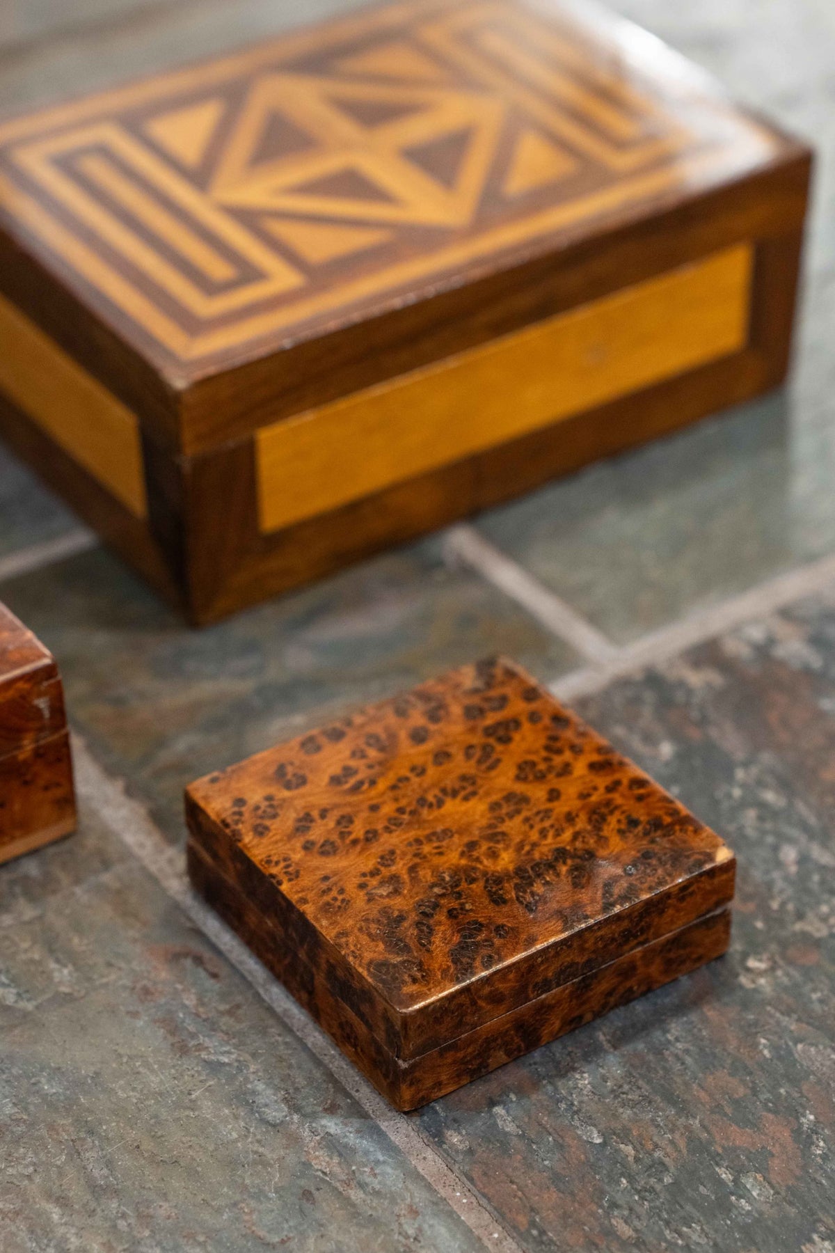 Pair of amboina veneered small boxes