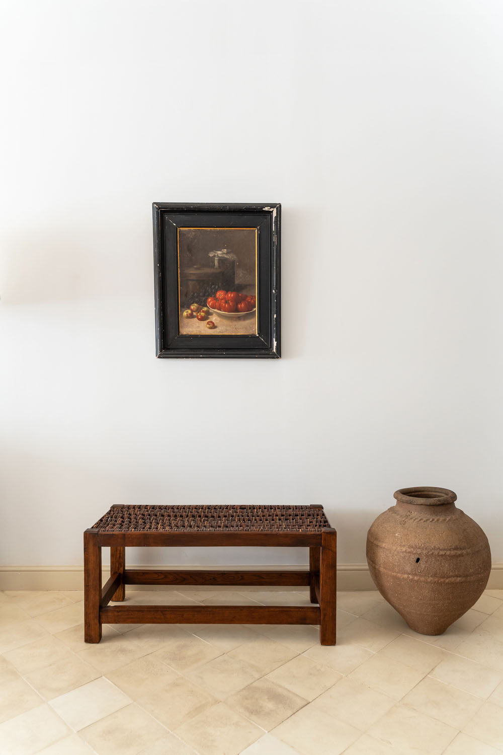 Banc en chêne avec assise en bois tressé
