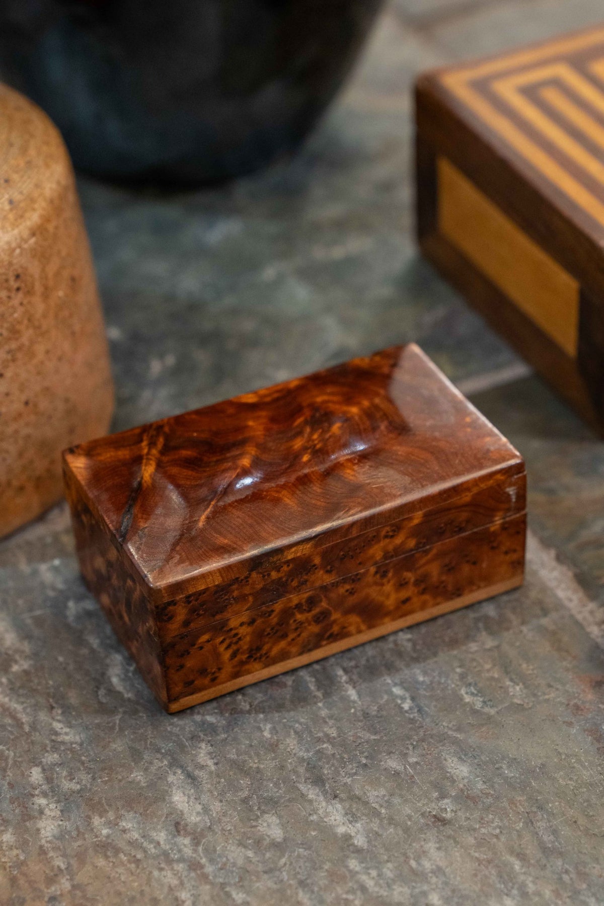 Pair of amboina veneered small boxes