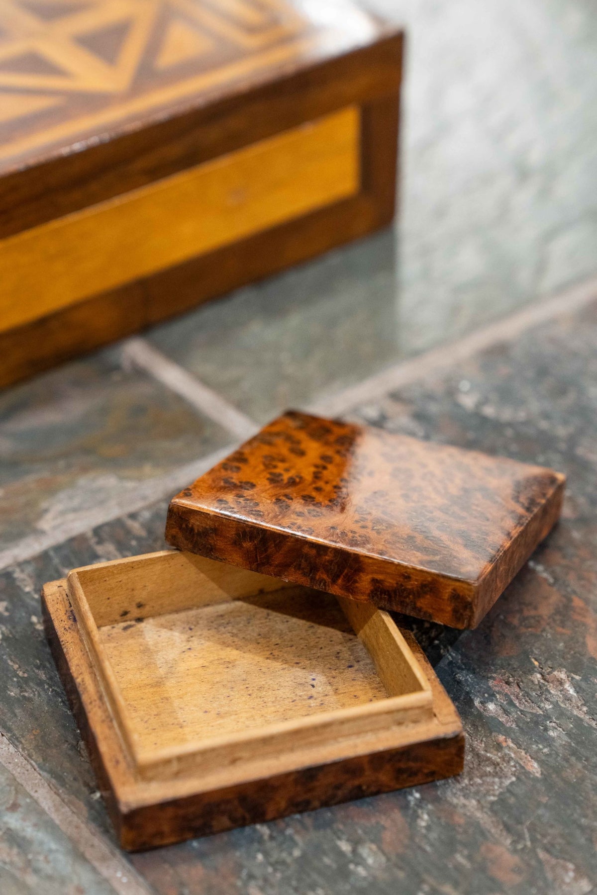 Pair of amboina veneered small boxes