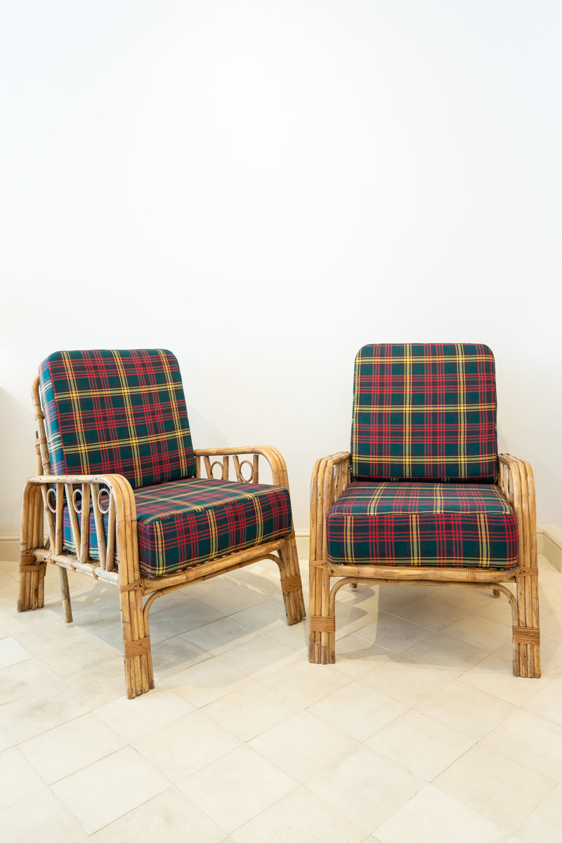 Paire de fauteuils en bambou et tartan