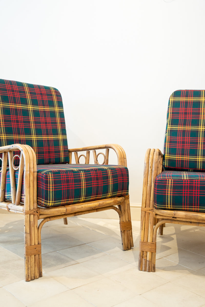 Paire de fauteuils en bambou et tartan