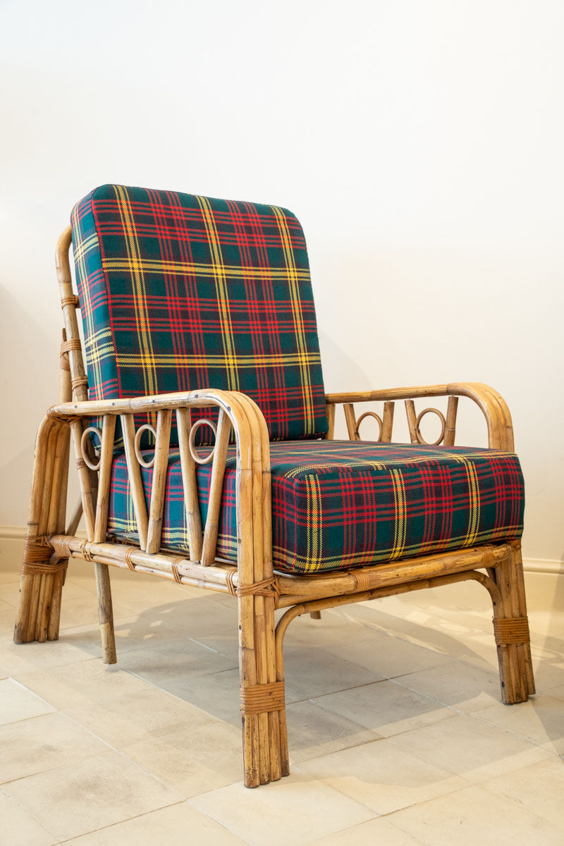 Paire de fauteuils en bambou et tartan