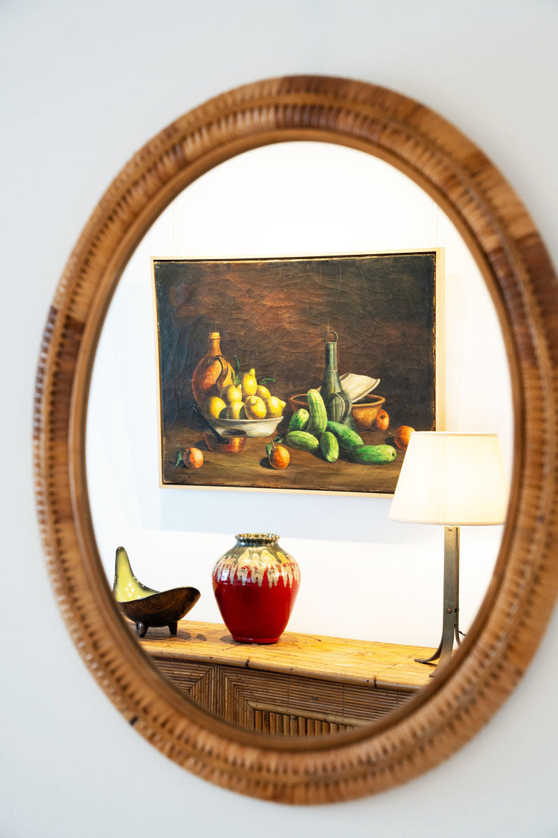Oval mirror in bamboo and rattan