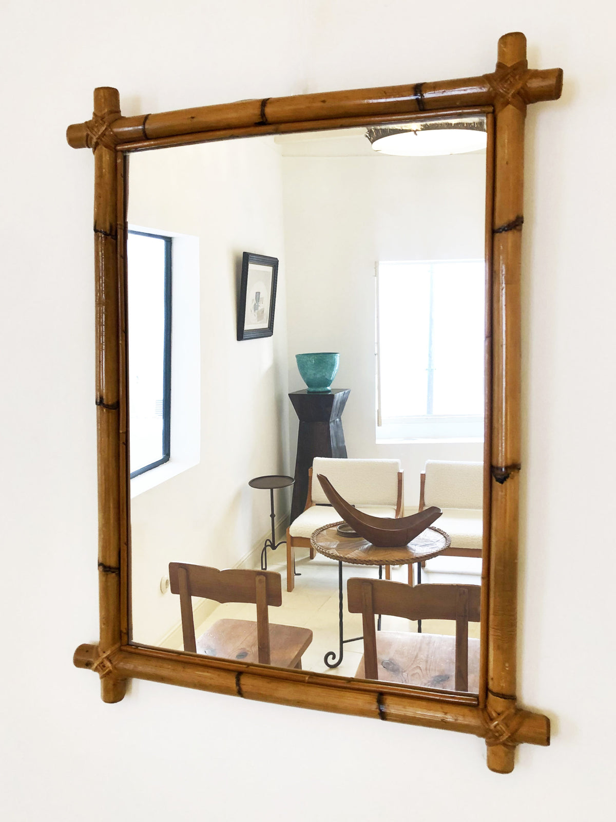 Pair of bamboo and rattan rectangular mirrors