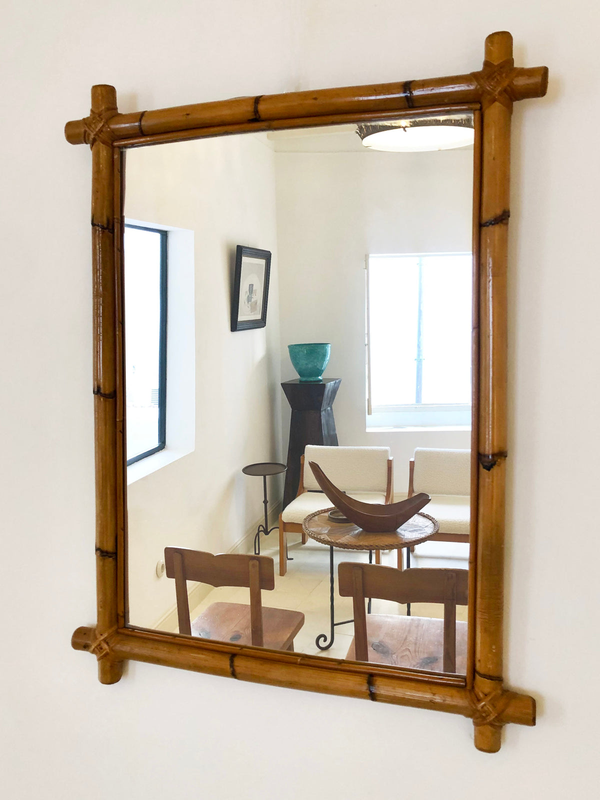 Rattan and bamboo rectangular mirror