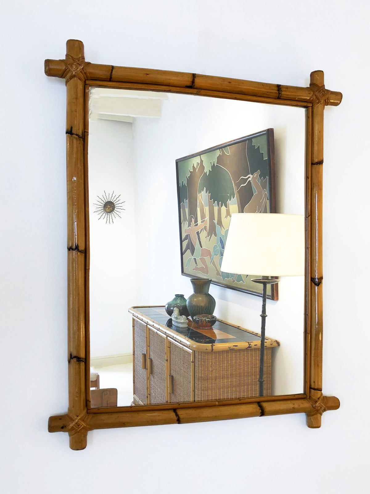 Pair of bamboo and rattan rectangular mirrors