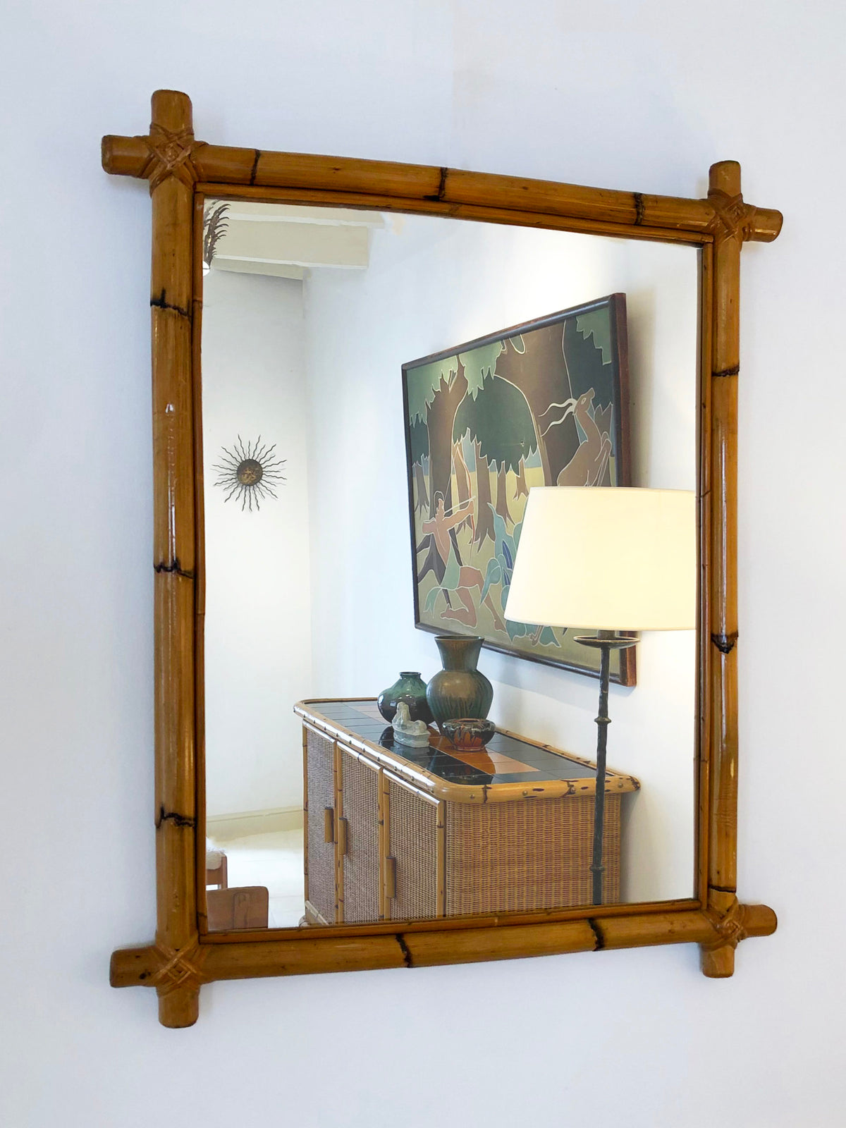 Rattan and bamboo rectangular mirror