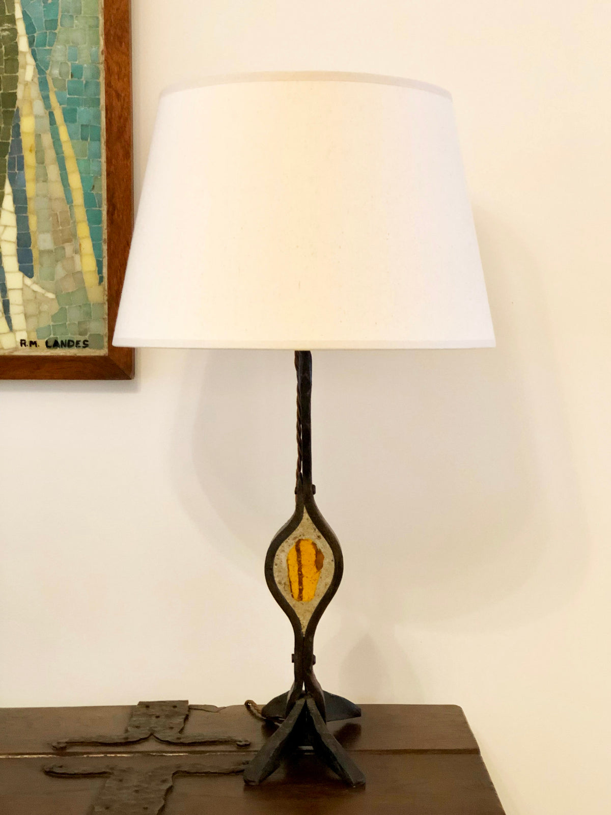 Wrought iron and glass table lamp