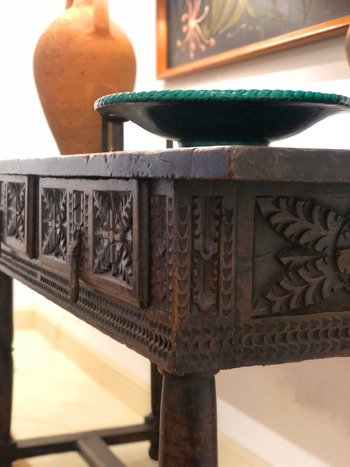 Chestnut console with double carved drawers