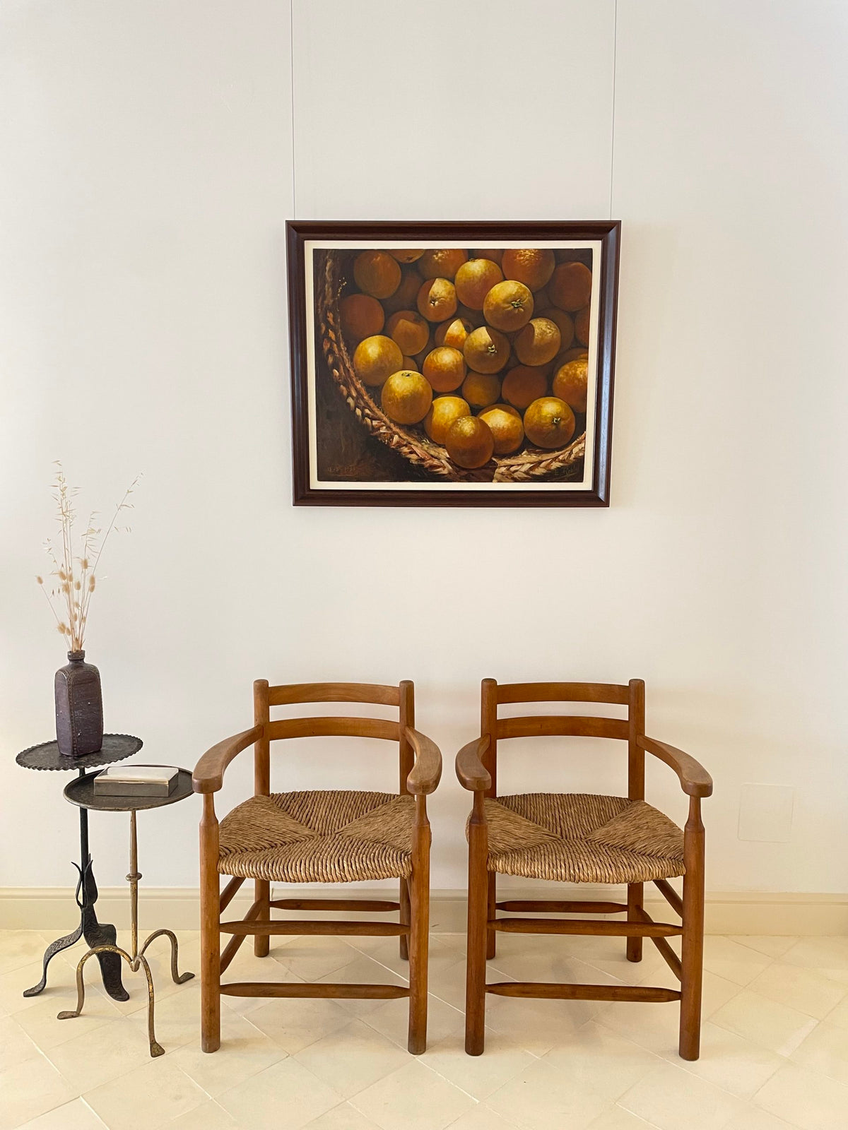 Pareja de sillones de haya y asientos de paja