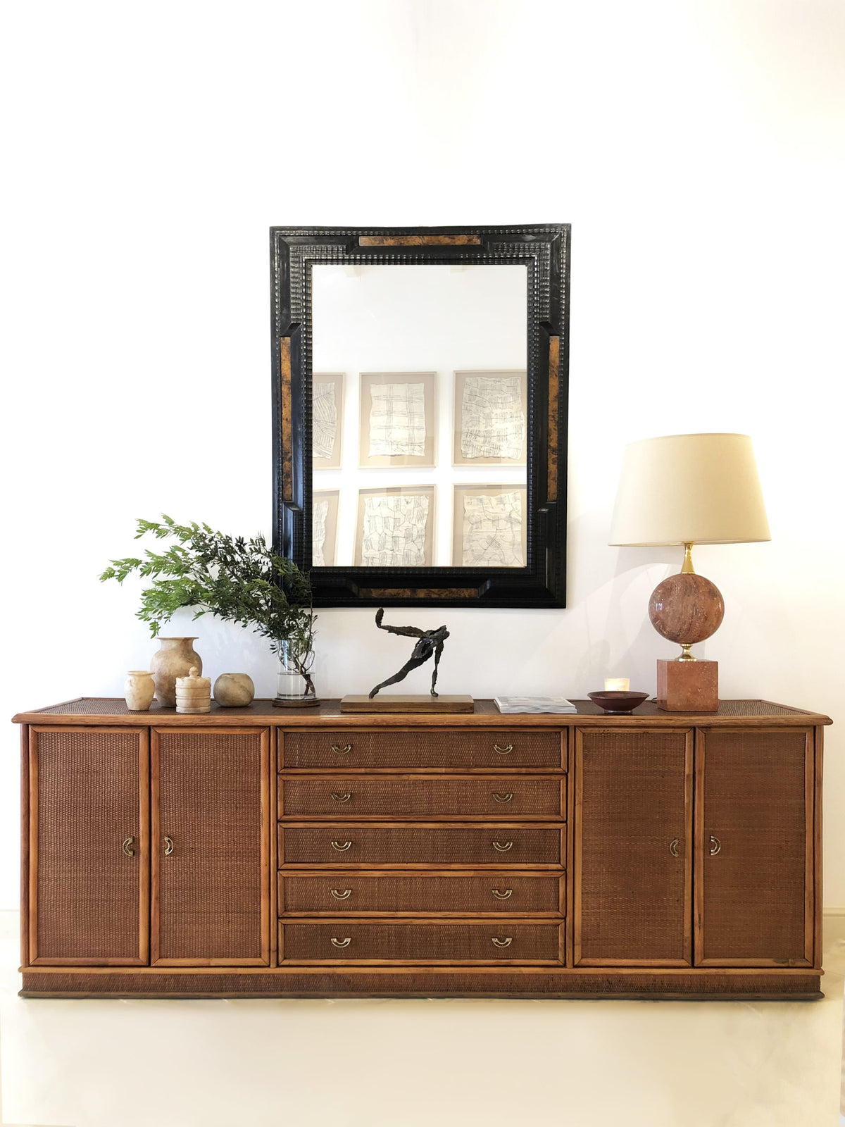 Large Flemish style ebonised ripple frame mirror