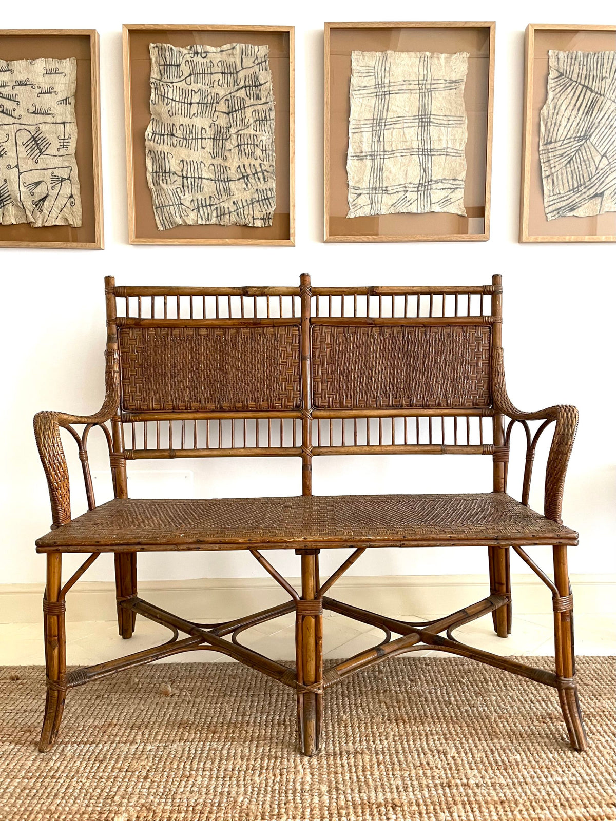 Two seats bamboo and rattan bench