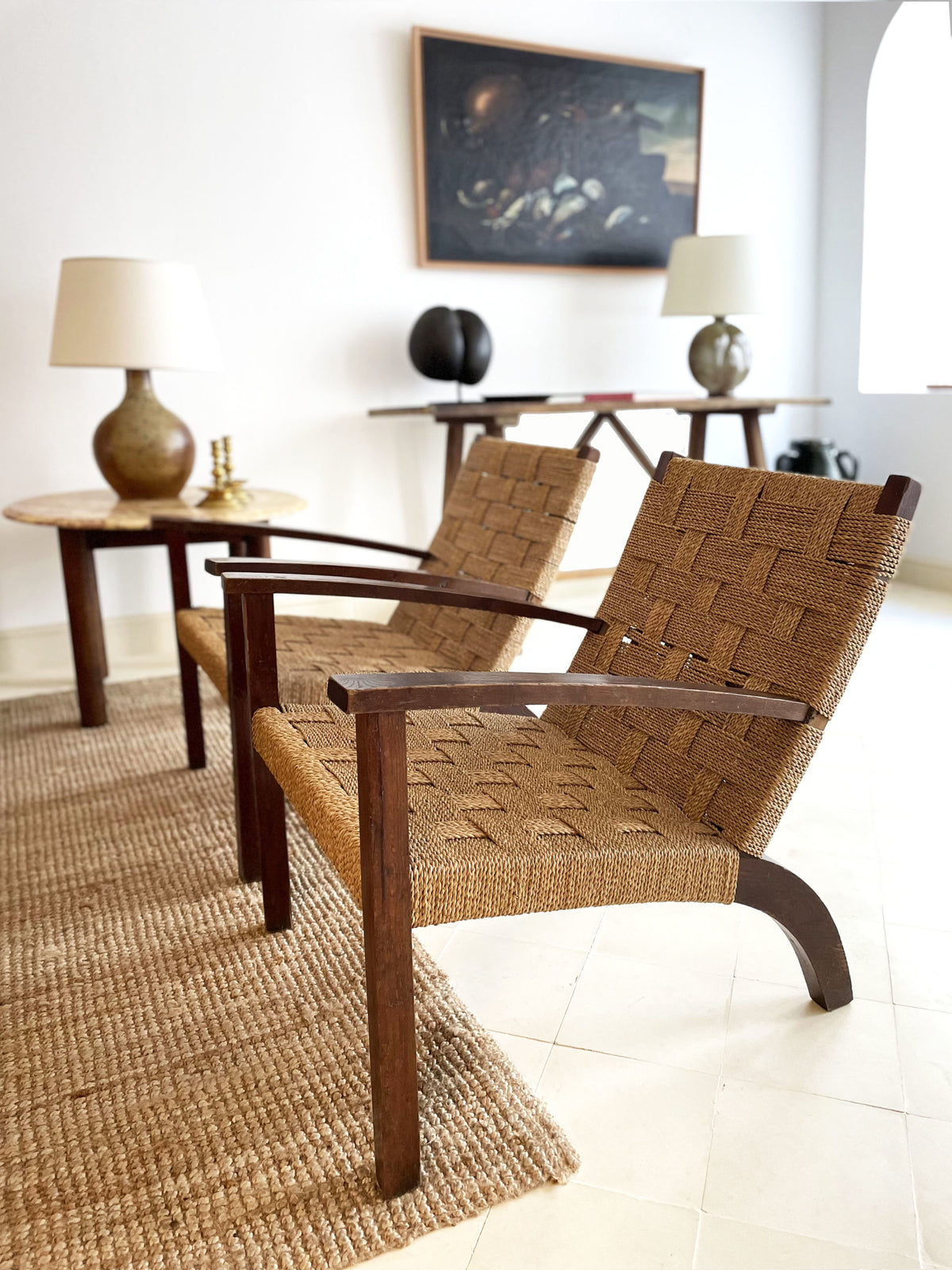 Paire de fauteuils en hêtre et sisal