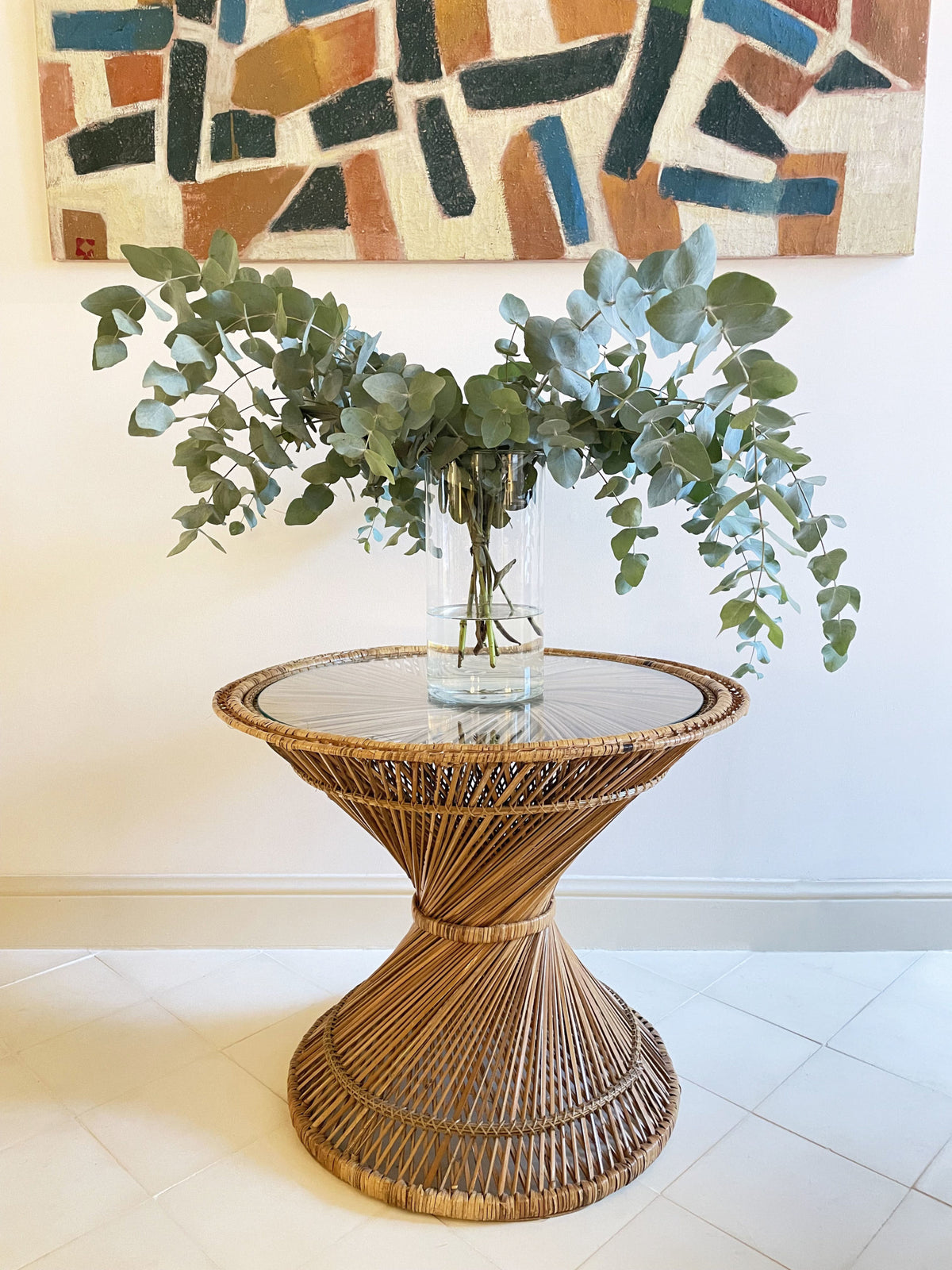 Woven rattan side table with cristal top