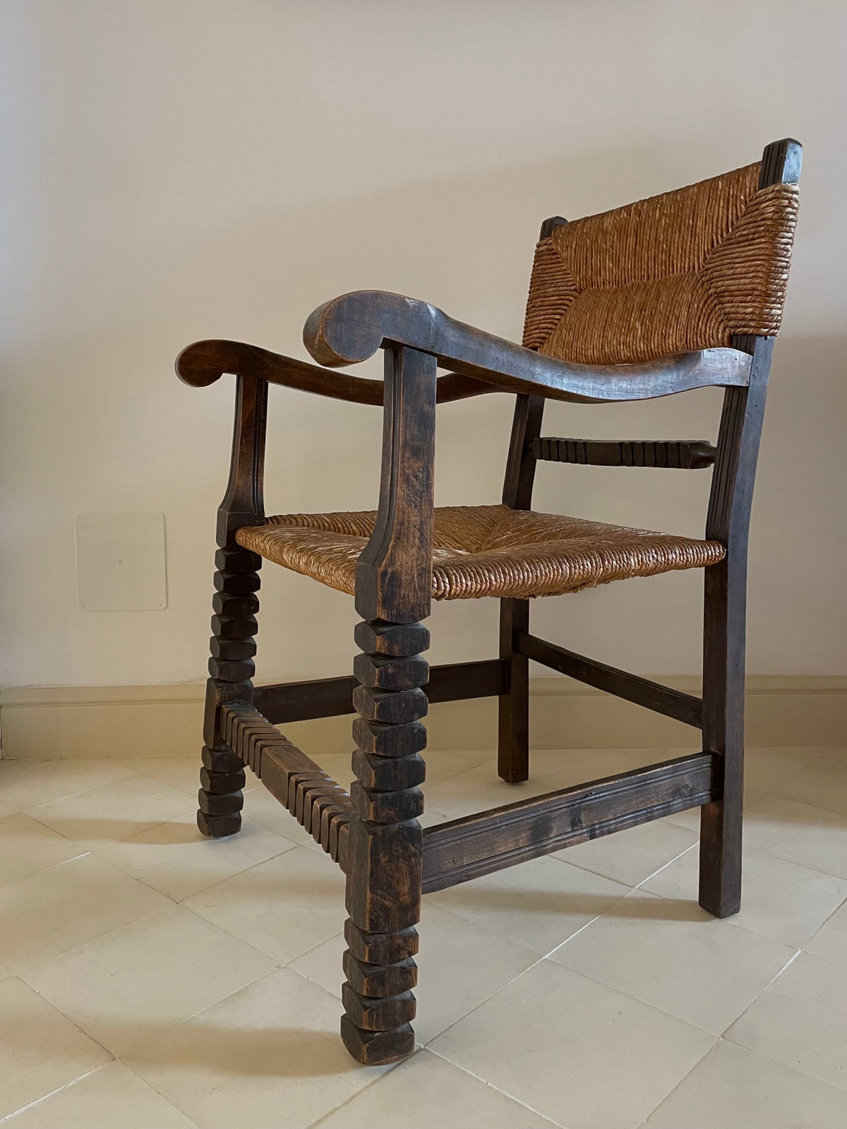 A French beechwood and rope armachair
