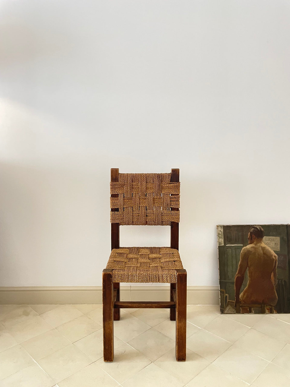Conjunto de quatro sillas de comedor de haya y cuerda