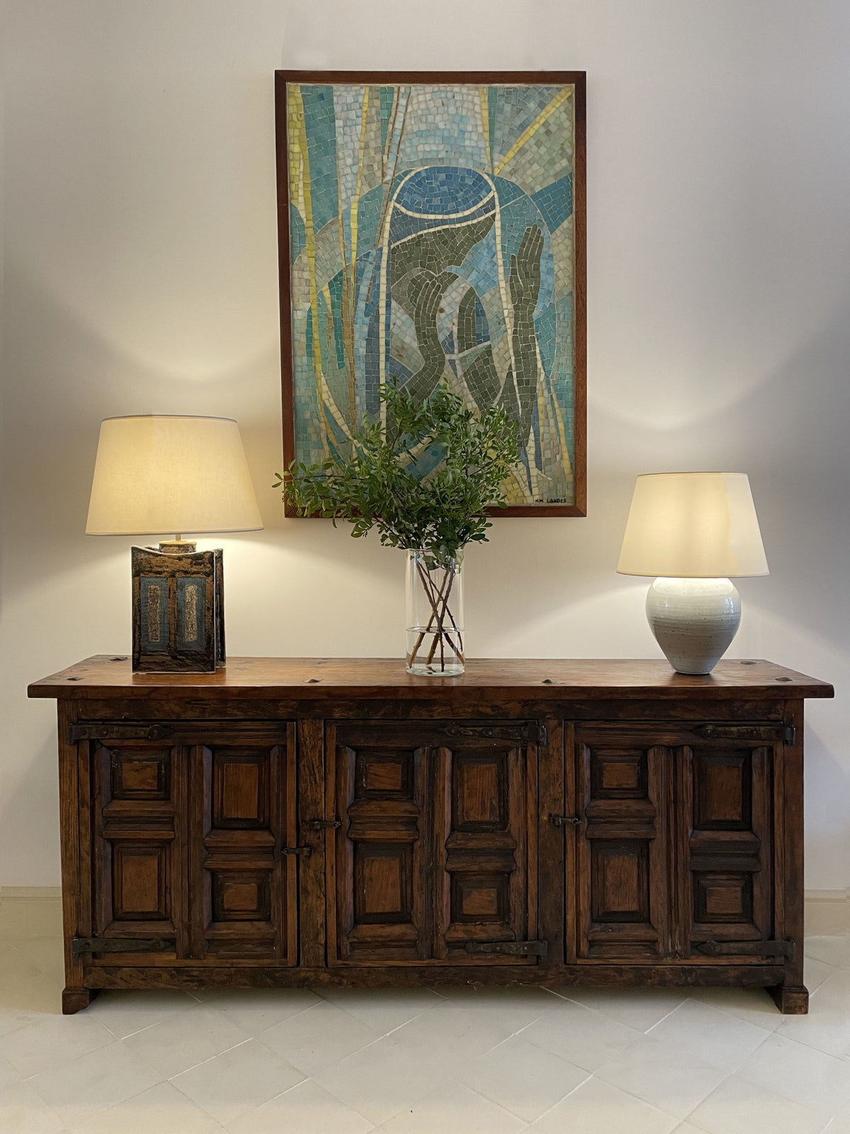Solid aok and wrought iron sideboard