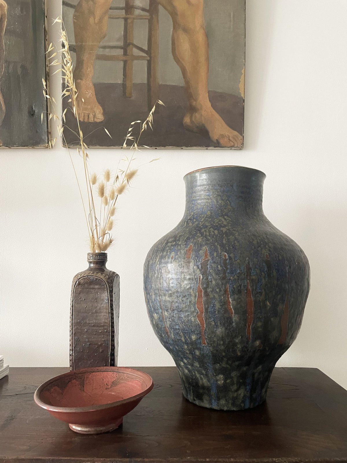 Large vase in blue ceramic and terracotta