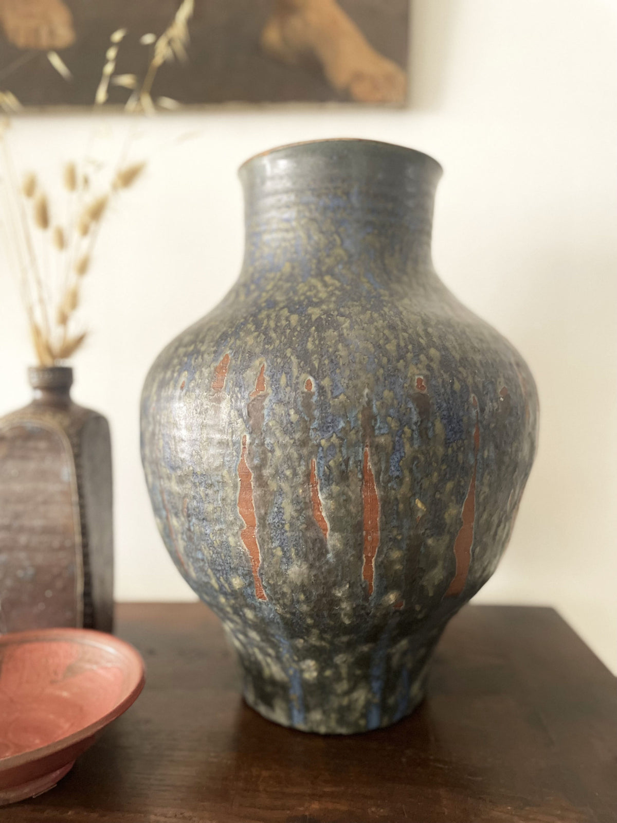 Large vase in blue ceramic and terracotta