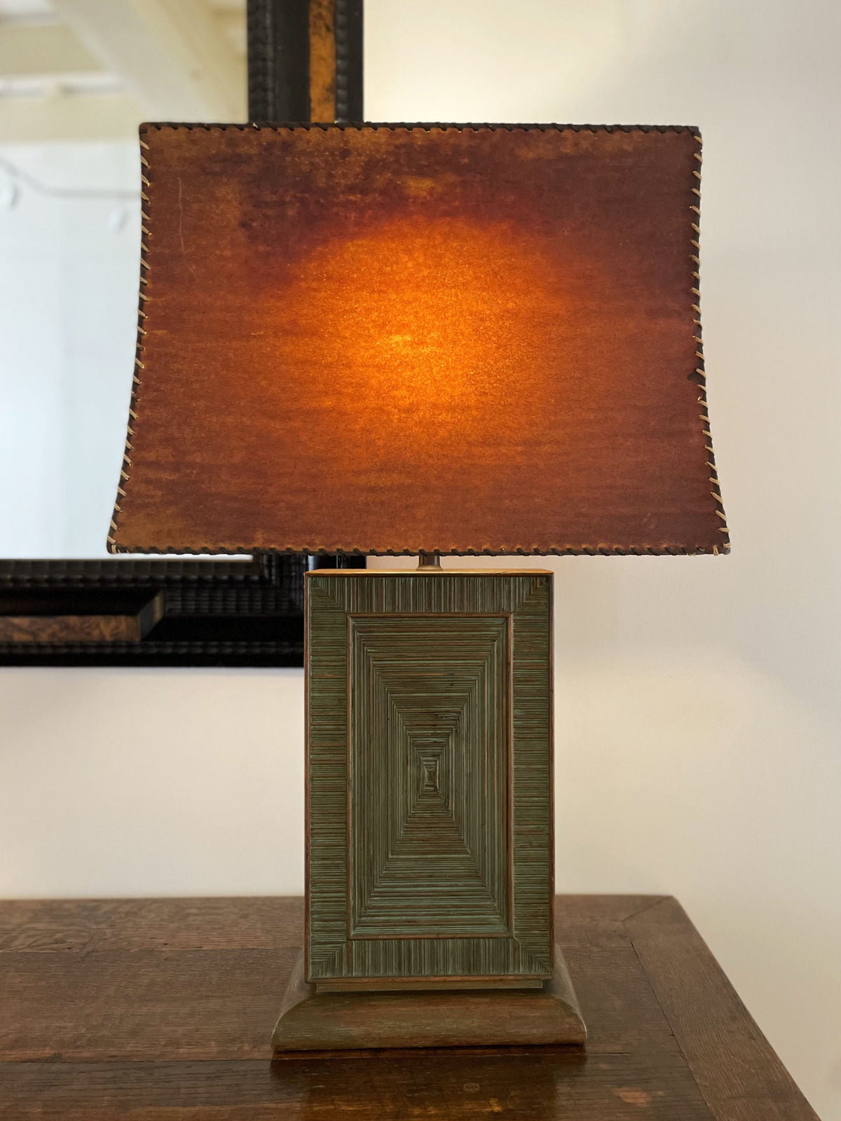 Tall oak lamp with original leather shade