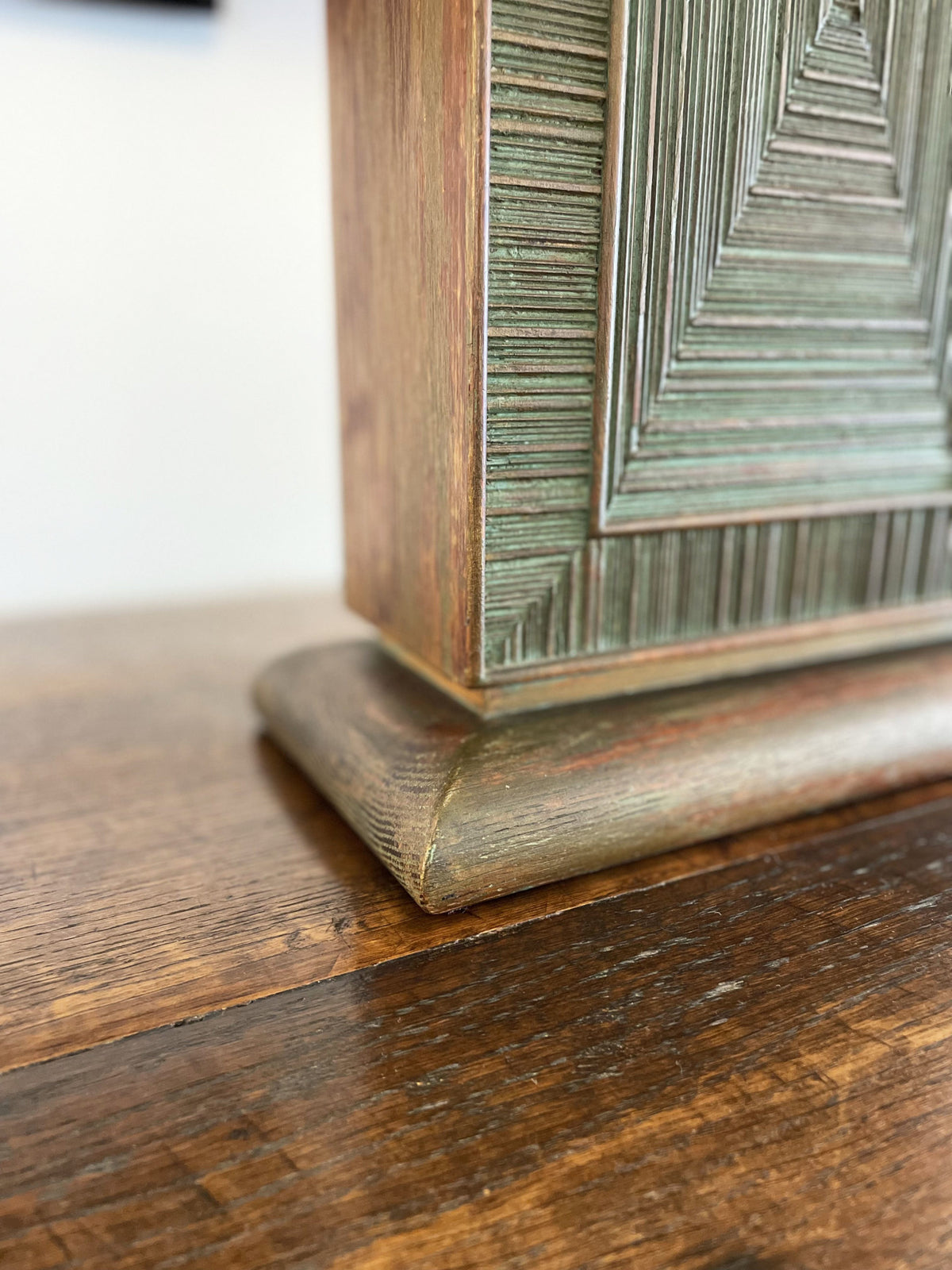 Tall oak lamp with original leather shade