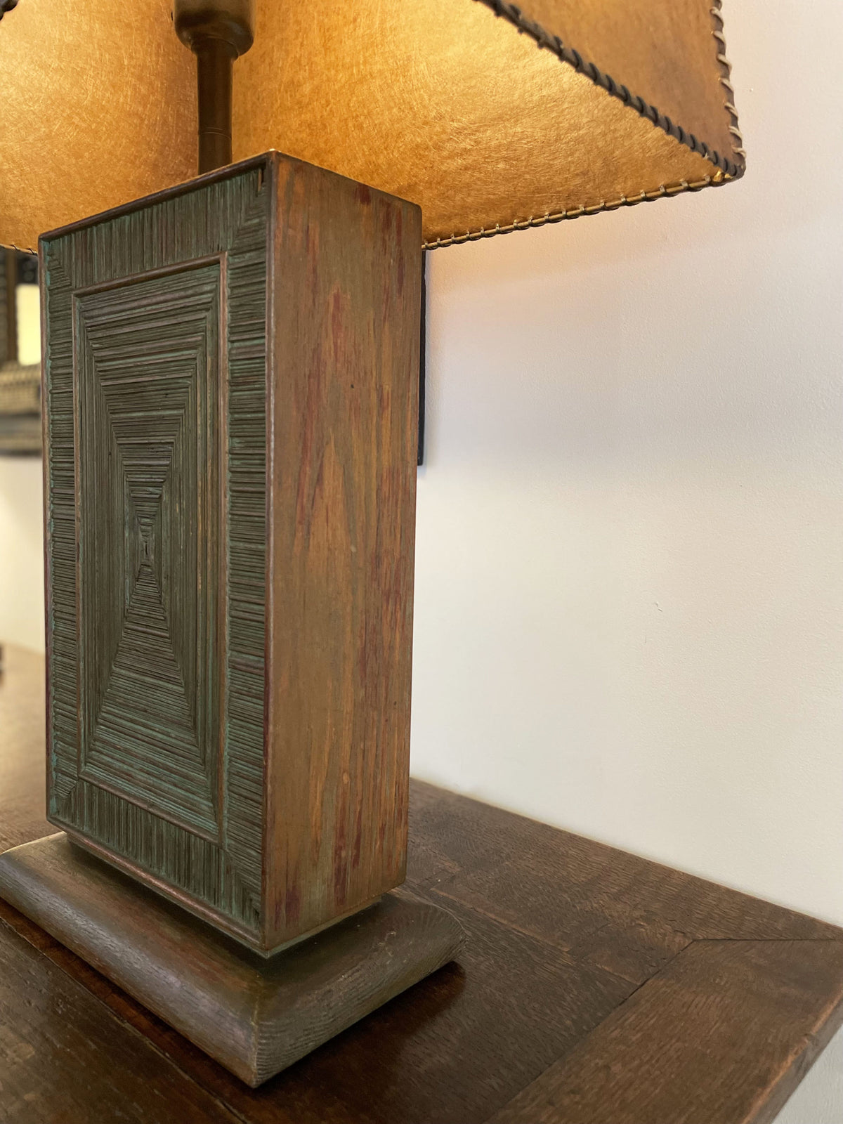 Tall oak lamp with original leather shade