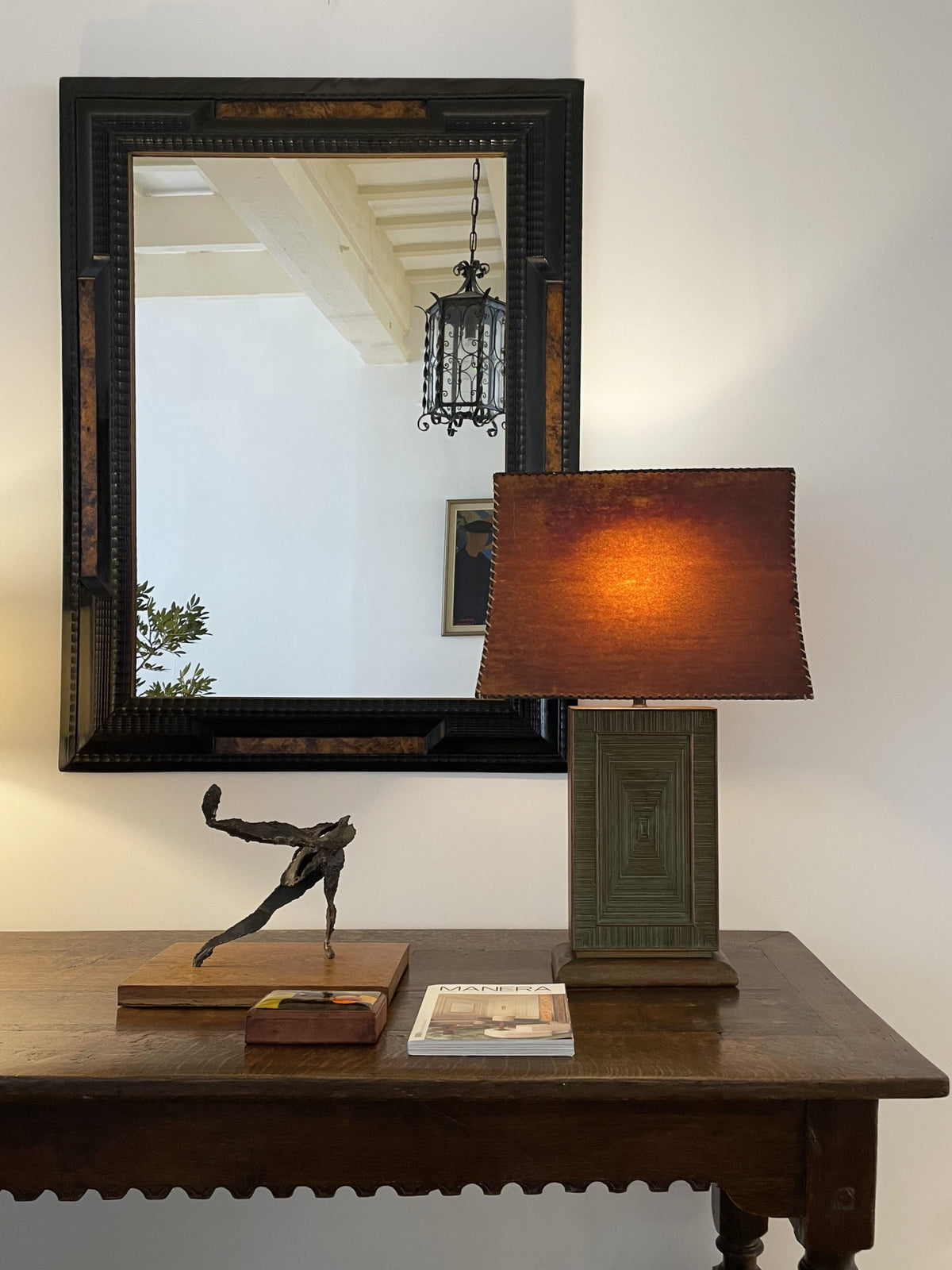 Tall oak lamp with original leather shade