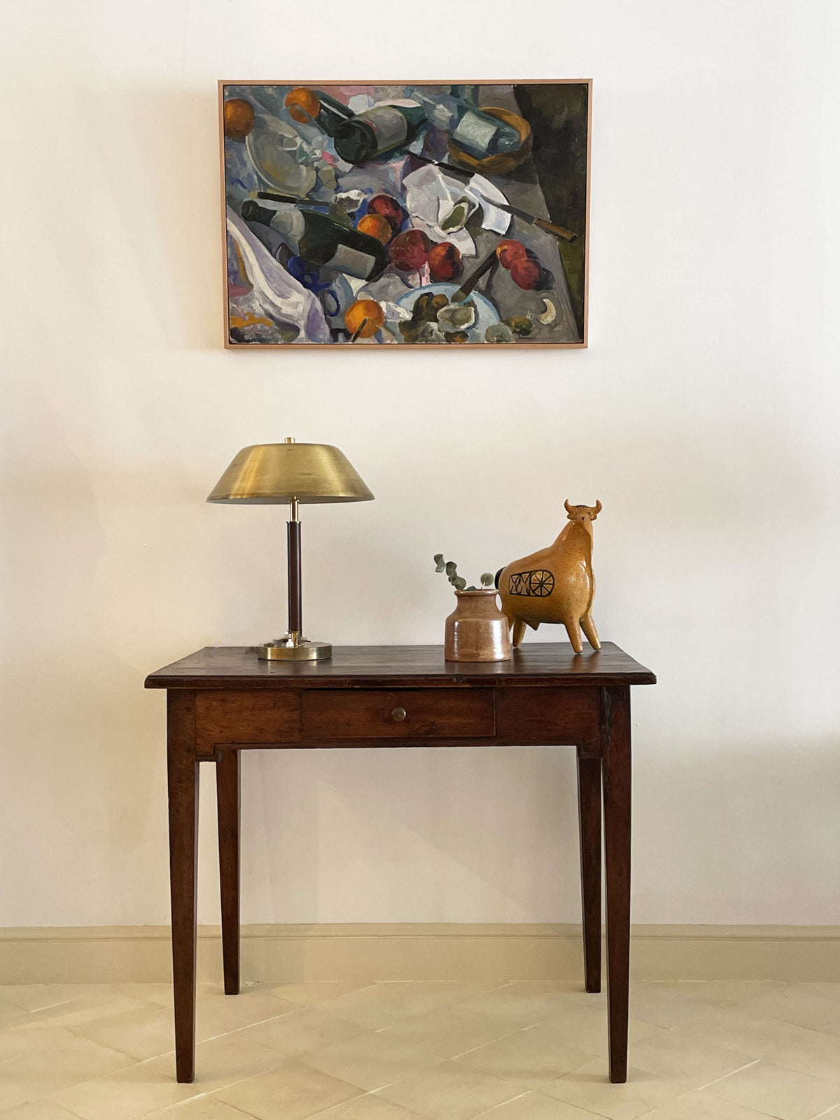 Nature morte aux bouteilles, huîtres et fruits