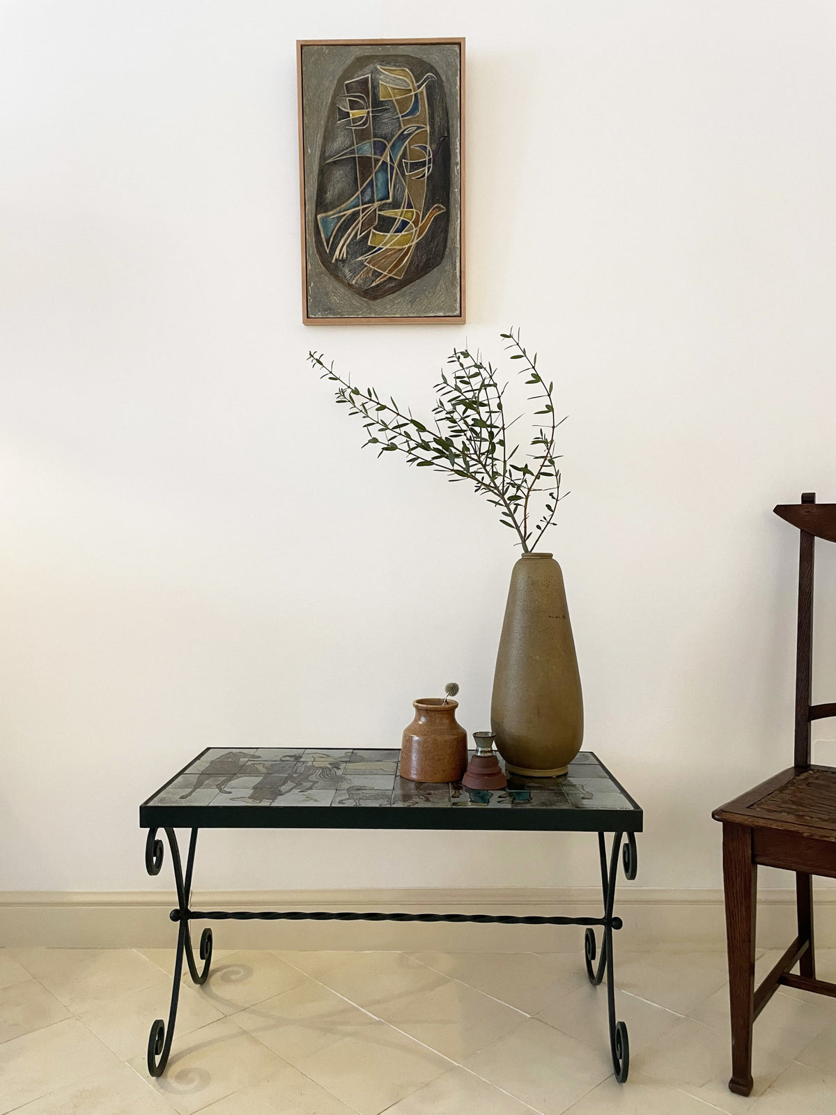Table en fer forgé et dessus de céramique émaillée