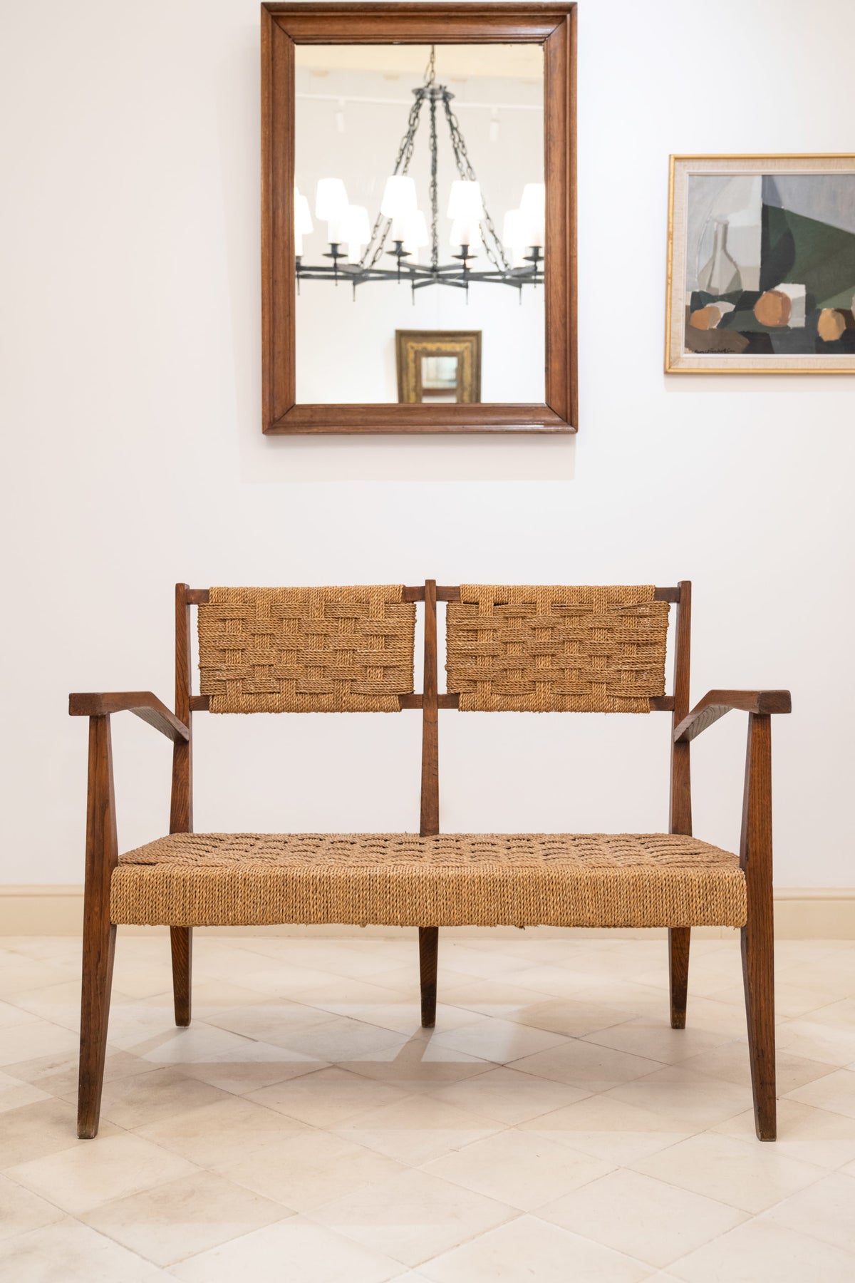 Two seater oak and sisal bench