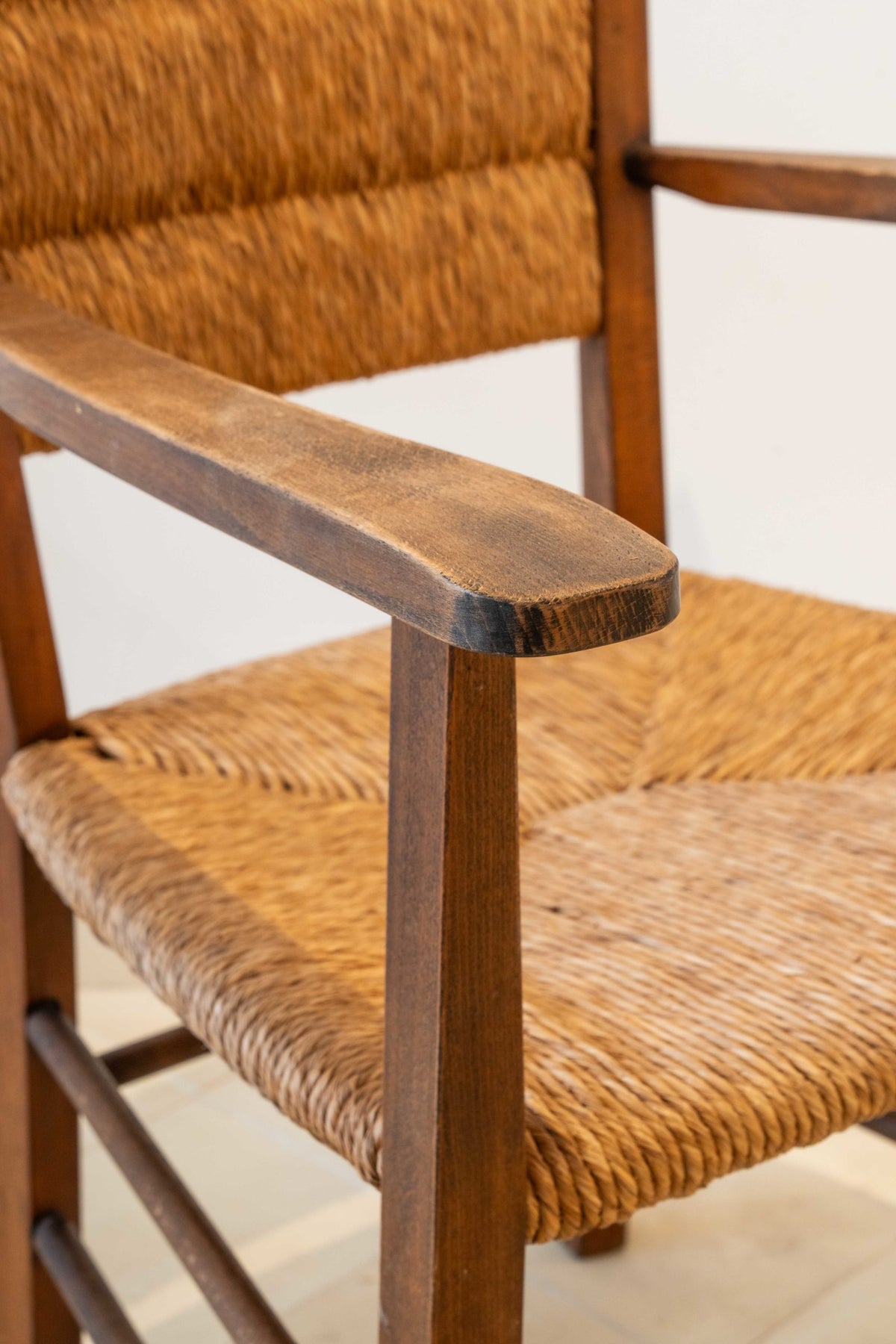 Pair of straw and beechwood armchairs