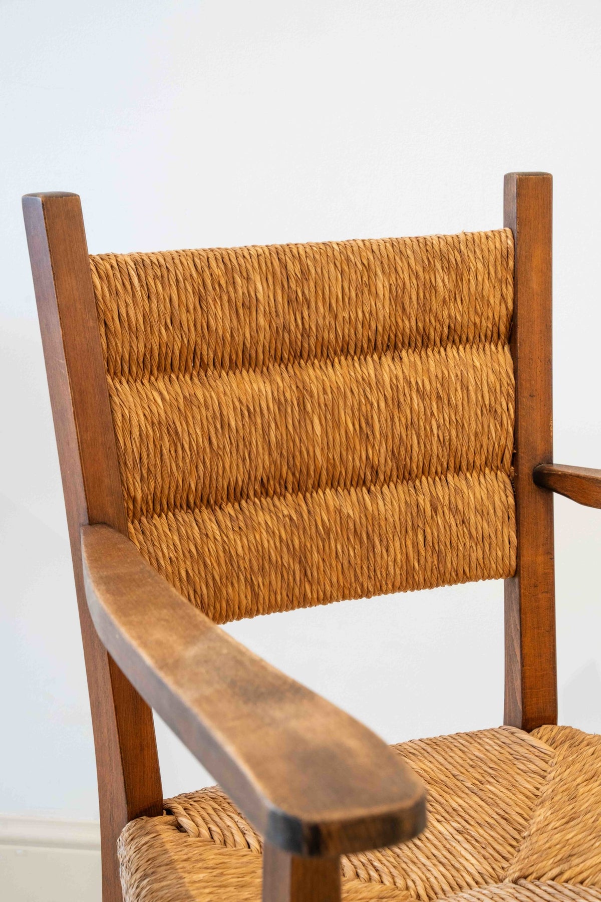 Pair of straw and beechwood armchairs
