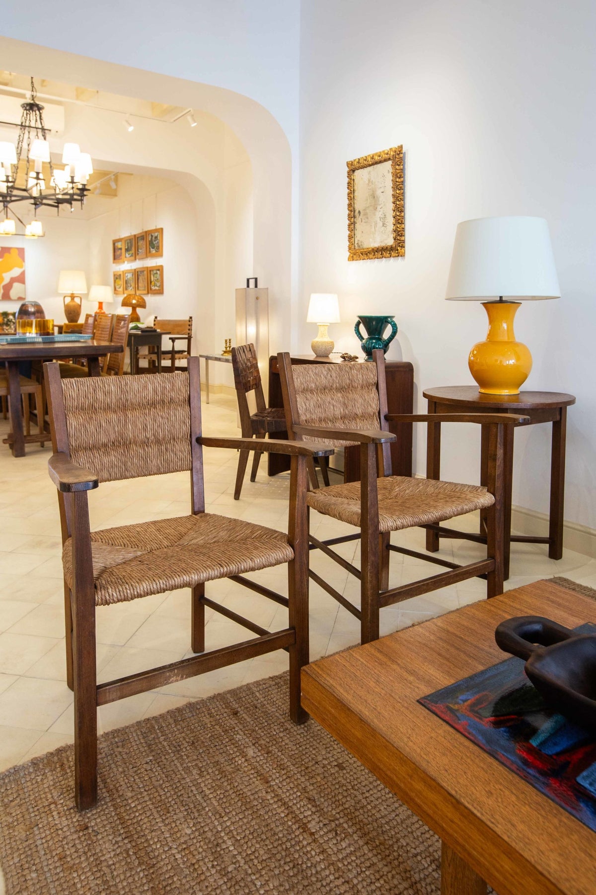Pair of straw and beechwood armchairs