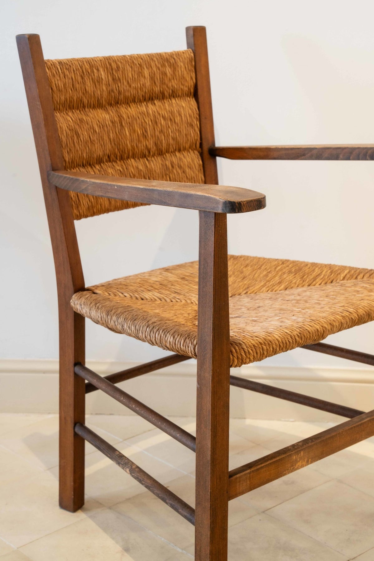 Pair of straw and beechwood armchairs