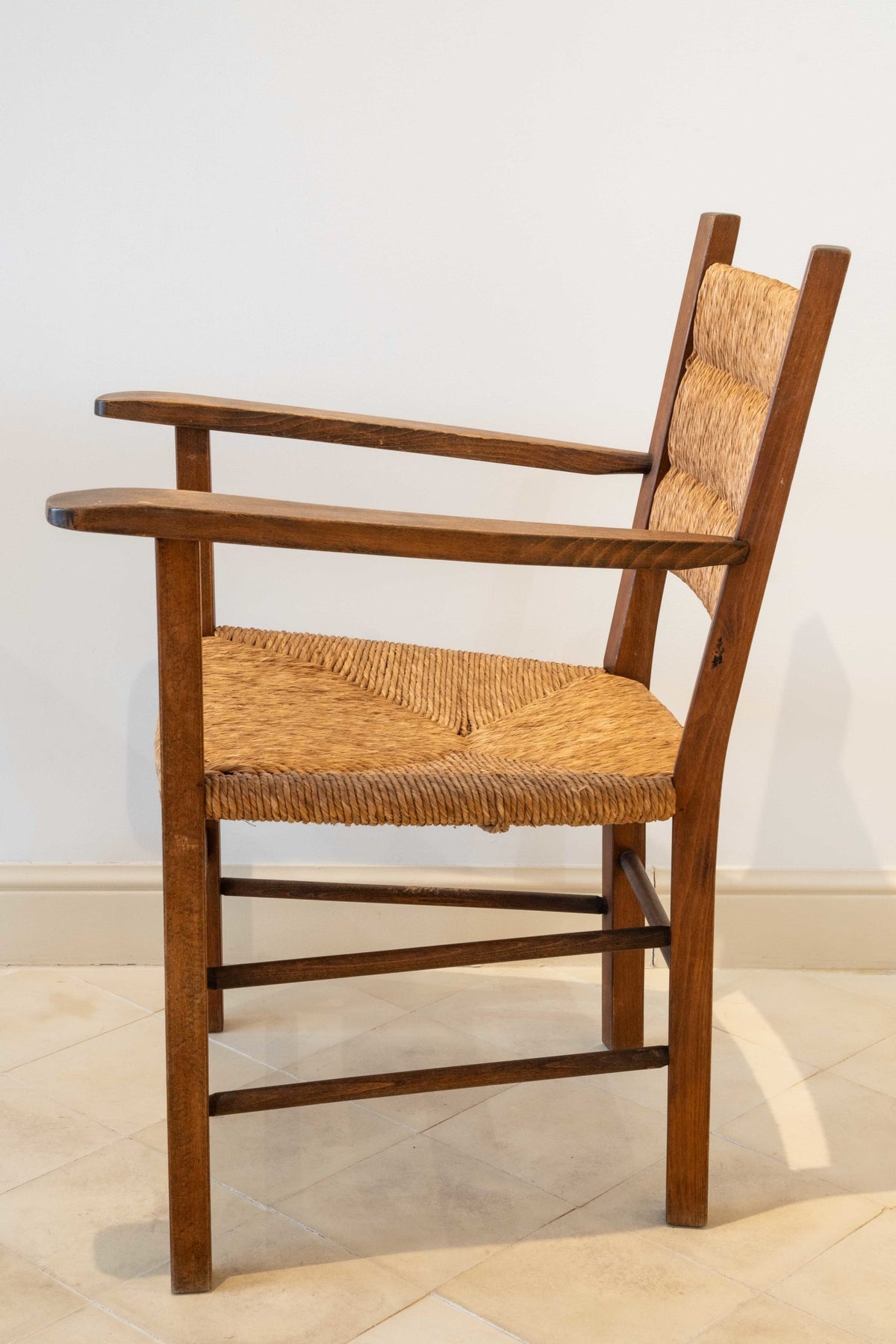 Pair of straw and beechwood armchairs
