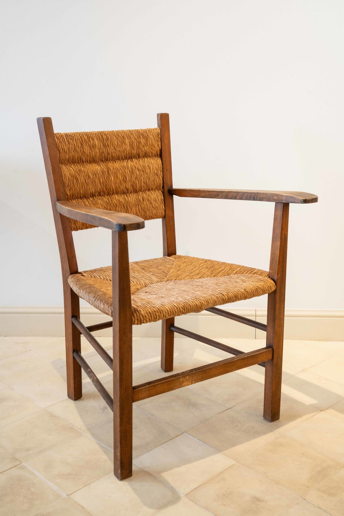 Pair of straw and beechwood armchairs