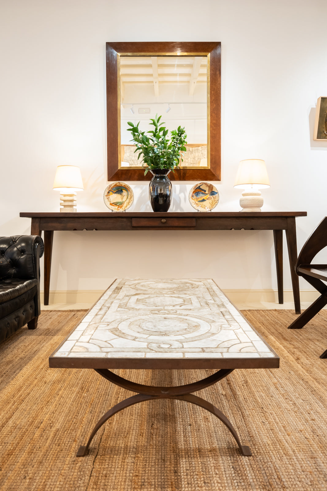 Wrought iron and glazed ceramic coffee table