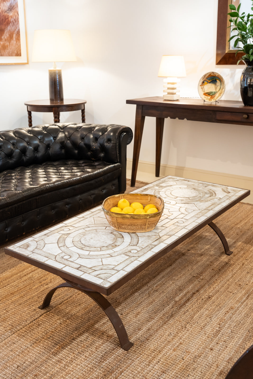 Wrought iron and glazed ceramic coffee table