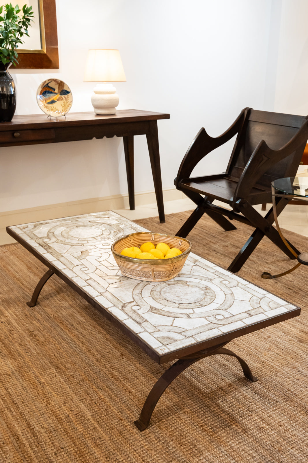 Wrought iron and glazed ceramic coffee table