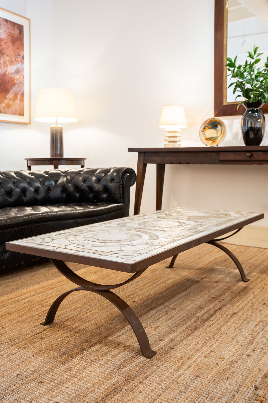 Wrought iron and glazed ceramic coffee table