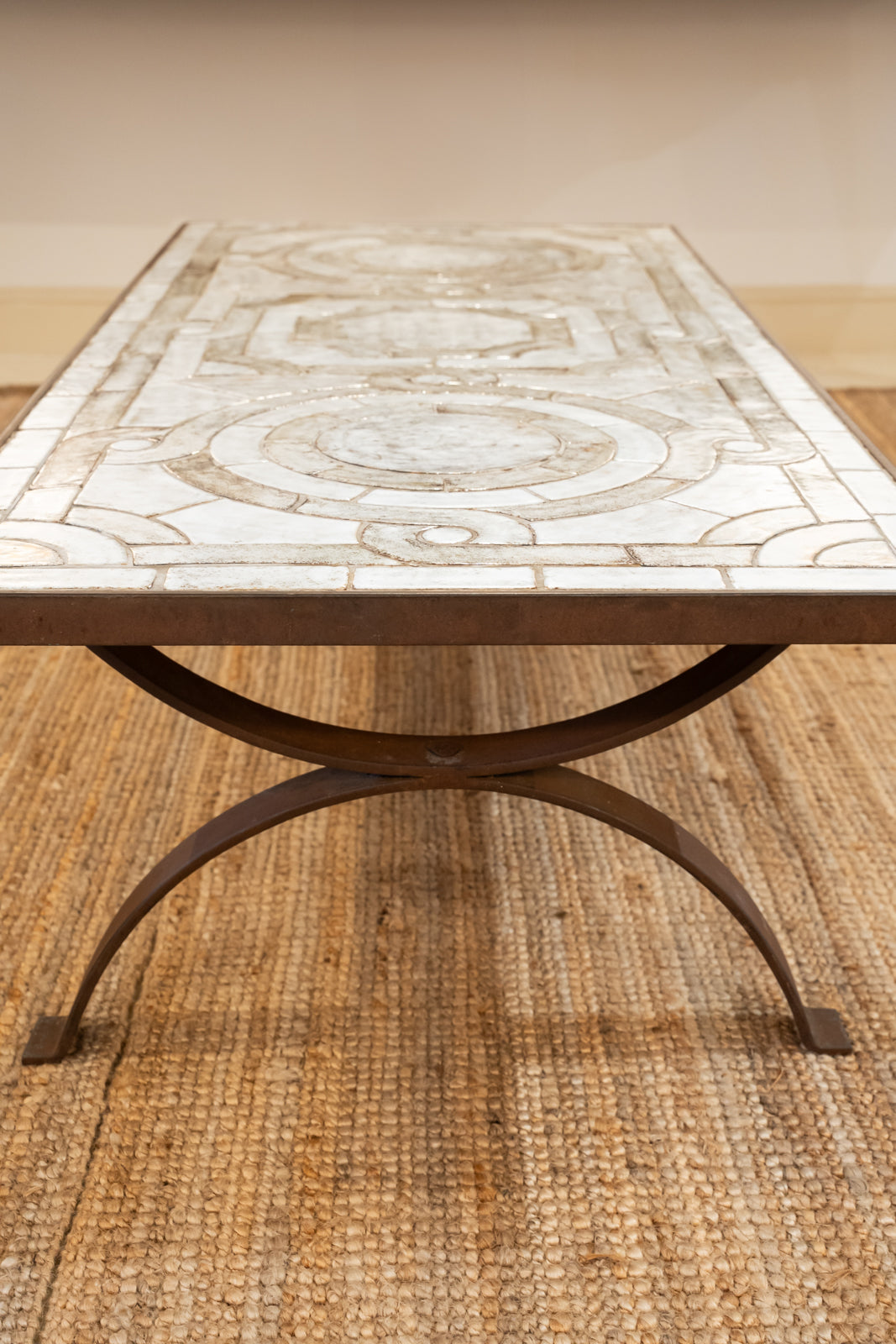 Wrought iron and glazed ceramic coffee table